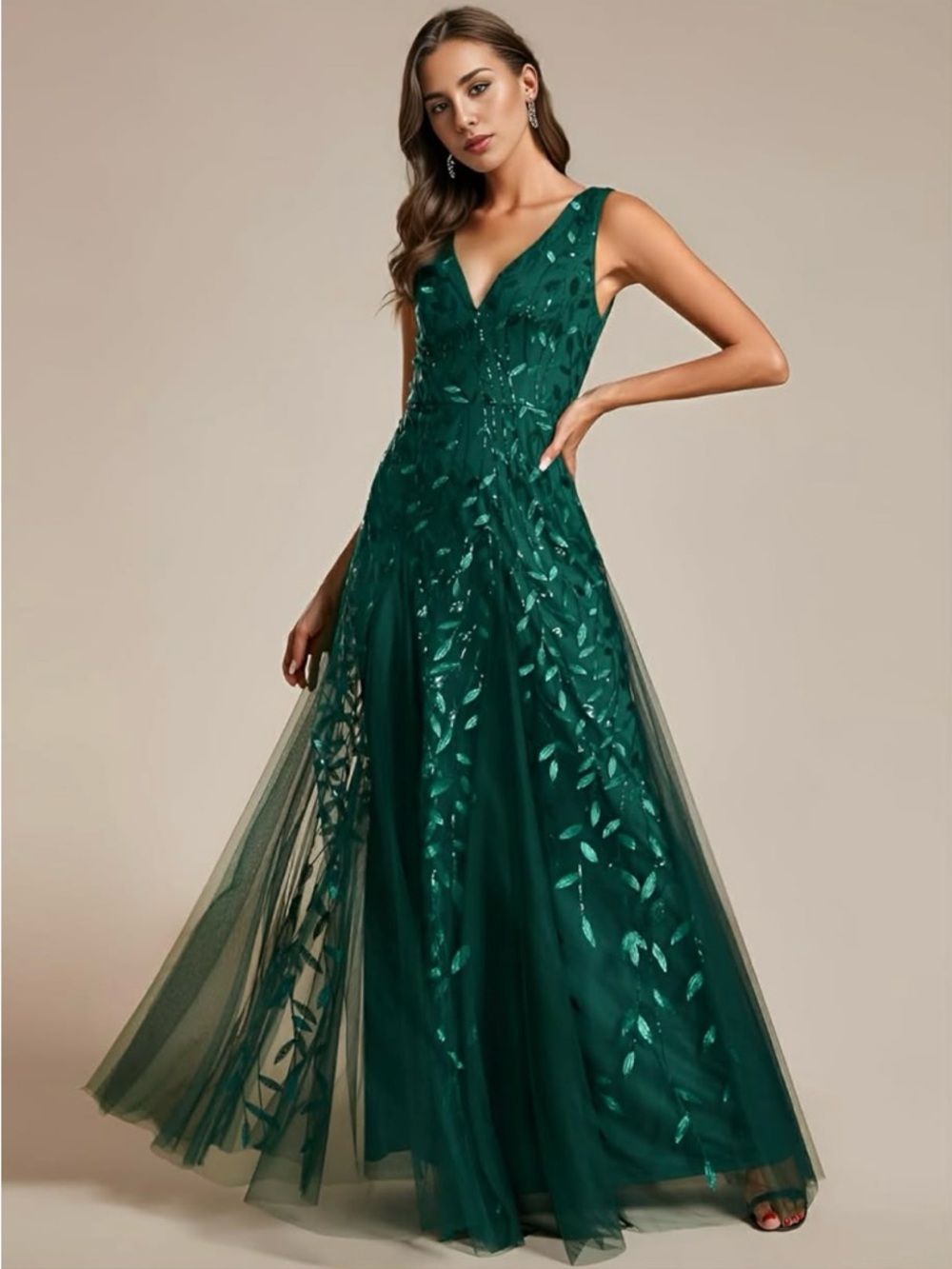 Ever Pretty Emerald Green V-Neck Sequin Leaf Maxi Dress Size 12 NWT - Picture 5 of 14